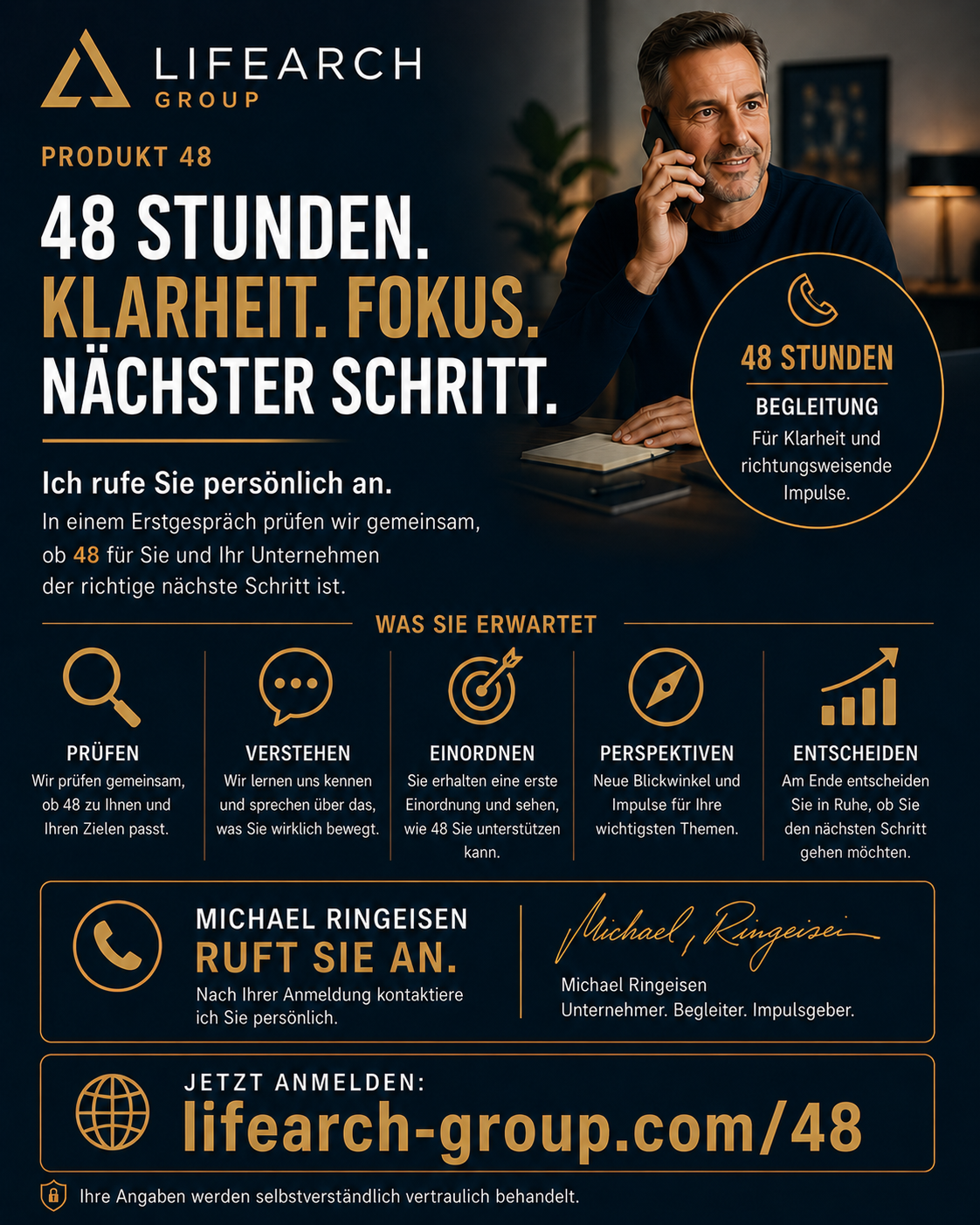 48 Stunden Begleitung für Klarheit und richtungsweisende Impulse. Nach Ihrer Anmeldung kontaktiert Michael Ringeisen Sie persönlich.
