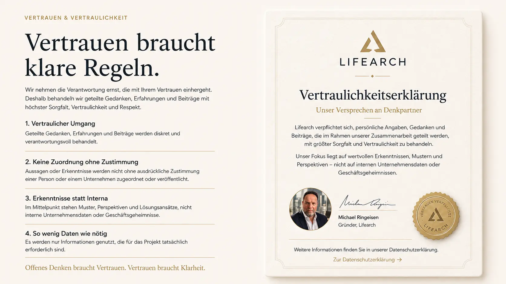 Lifearch verpflichtet sich, persönliche Angaben, Gedanken und Beiträge von Denkpartnern mit größter Sorgfalt und Vertraulichkeit zu behandeln.