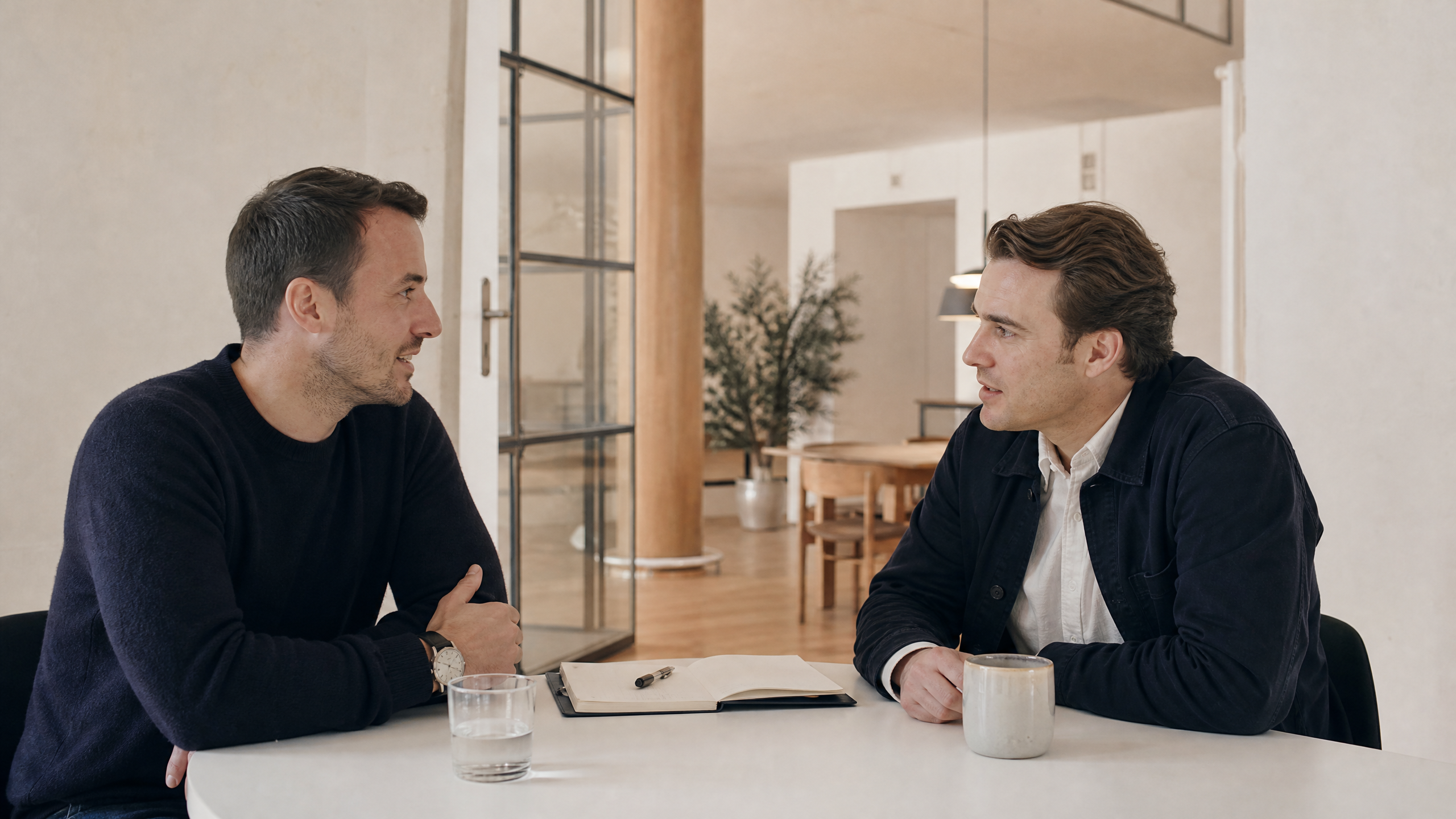 Zwei Unternehmer im strategischen Dialog in einem modernen, hellen Raum