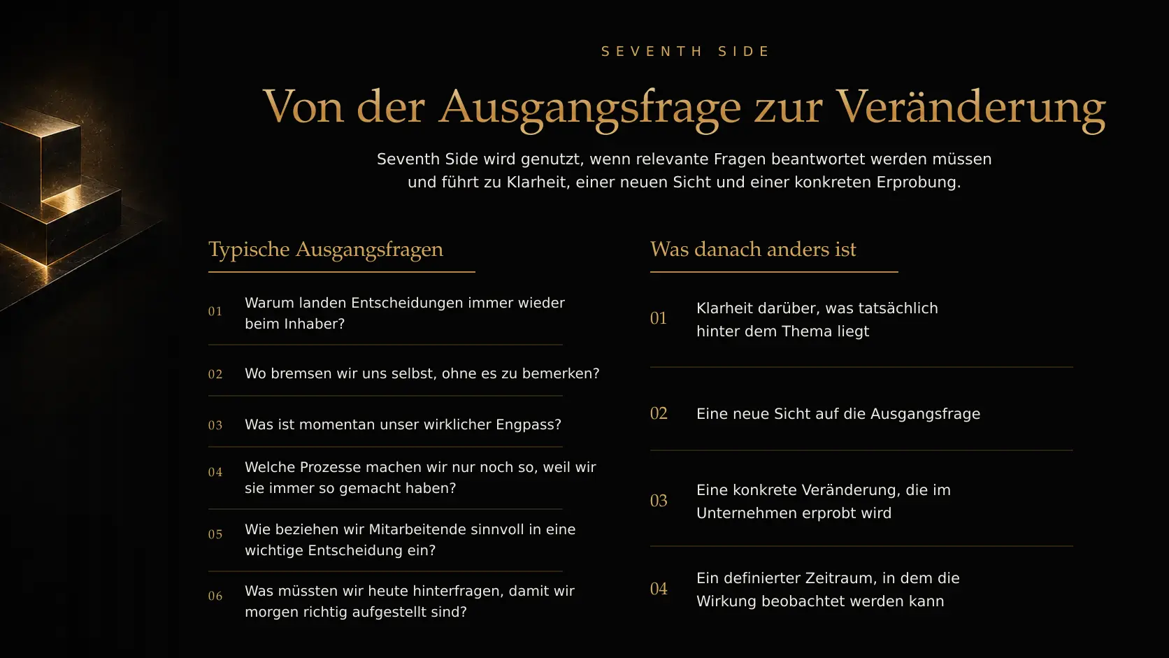 Von der Ausgangsfrage zur Veränderung: typische unternehmerische Ausgangsfragen und die daraus entstehenden konkreten Ergebnisse.